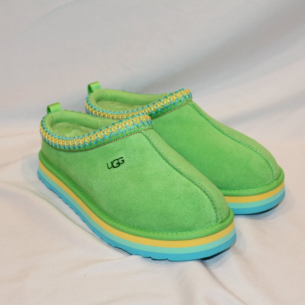 UGG YOUTH 4 WOMEN'S 6 TAZZ SUEDE SHEARLING LINED SLIPPERS GREEN BLUE - Picture 3 of 9